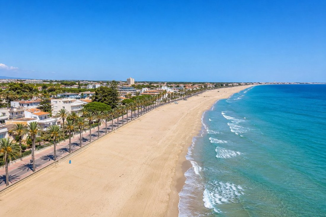 Vista aérea del paseo marítimo de La Pineda con playa de arena dorada, palmeras y urbanizaciones en primera línea