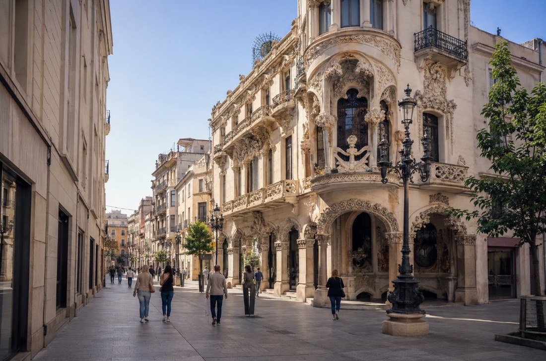 Calle peatonal del centro de Reus con la fachada modernista de la Casa Navàs al fondo