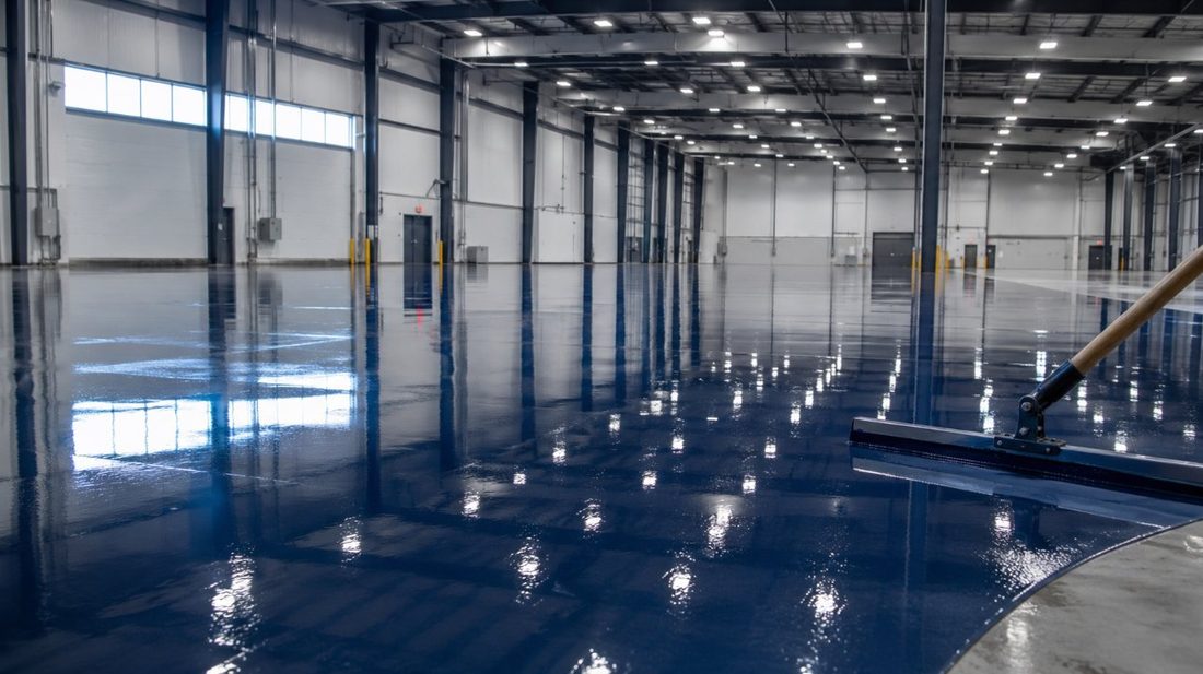Suelo epoxi azul industrial recién aplicado en una nave logística del polígono Riu Clar de Tarragona