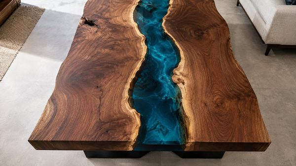 Mesa río de comedor en nogal y resina epoxi azul turquesa, pieza única fabricada en taller