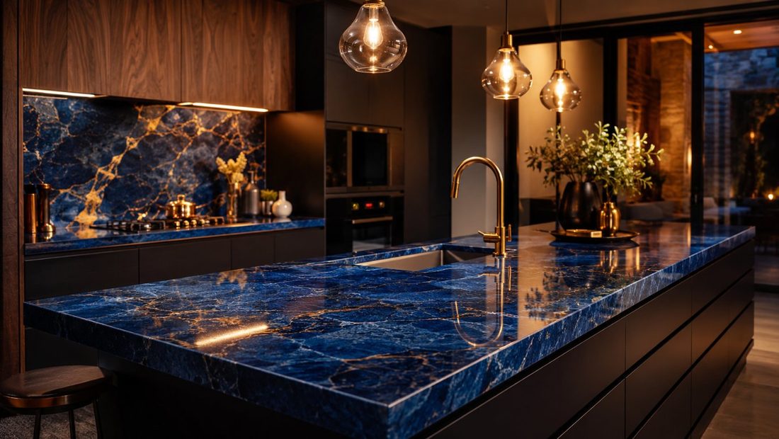 Cocina contemporánea con encimera a medida de resina epoxi azul profundo y vetas doradas sobre mobiliario negro mate