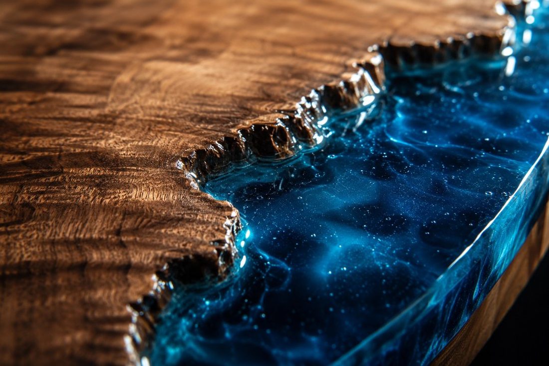 Detalle macro del encuentro entre madera de nogal y resina epoxi translúcida azul en una mesa río fabricada en el taller de Tarragona