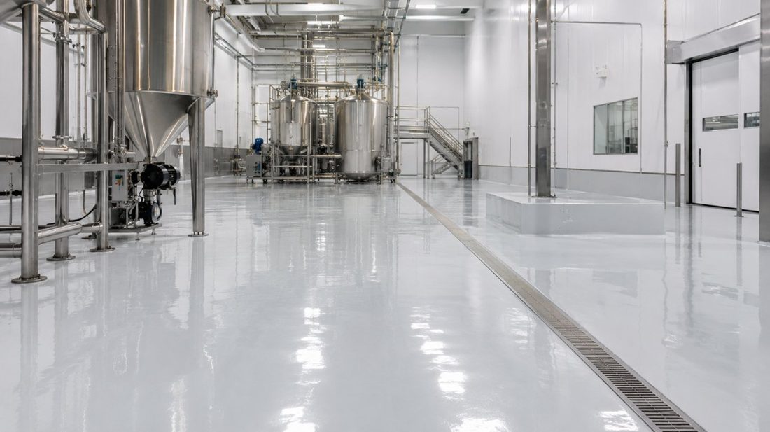 Sala blanca de industria alimentaria en Tarragona con pavimento epoxi liso, juntas selladas y desagüe sanitario integrado