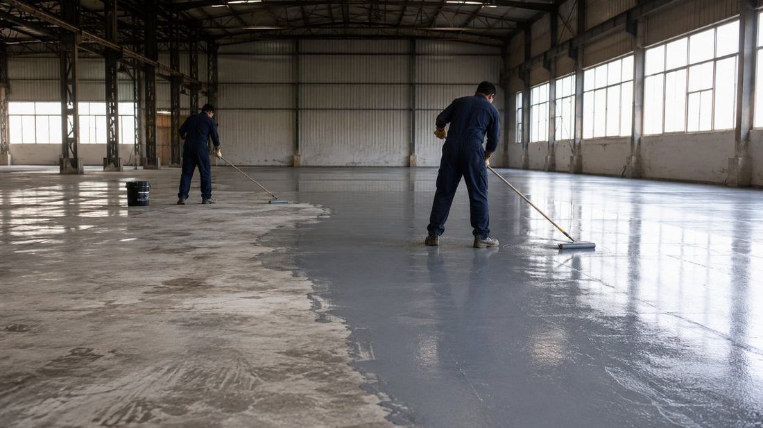 Equipo de operarios de Tarraepoxi aplicando pavimento epoxi industrial en una gran nave del polígono Riu Clar de Tarragona