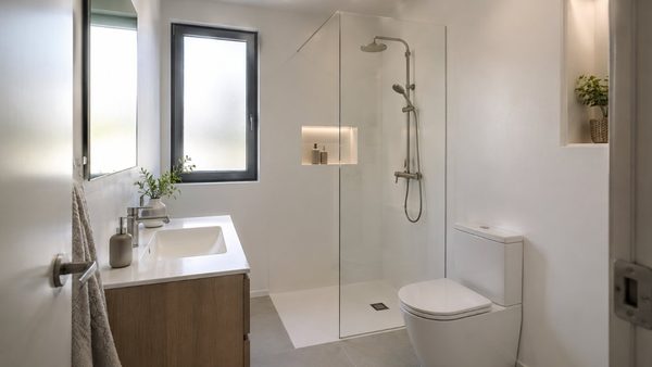 Baño renovado con esmalte epoxi blanco satinado sobre las antiguas paredes cerámicas