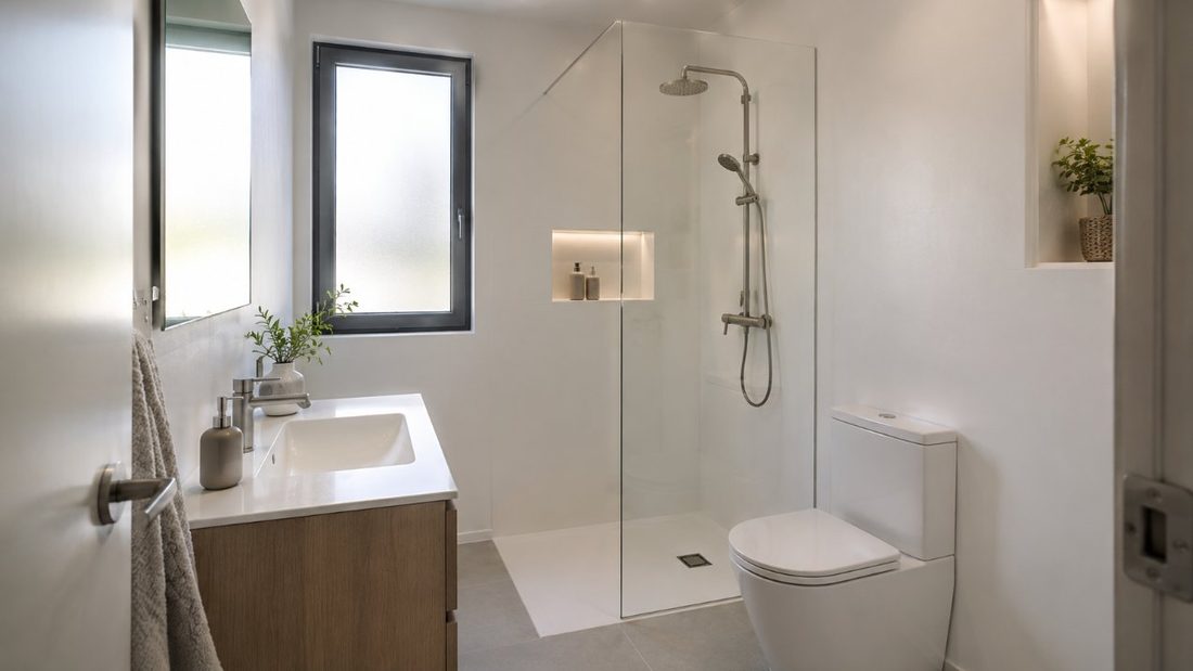 Baño renovado con esmalte epoxi blanco satinado sobre las antiguas paredes cerámicas en una vivienda del Eixample tarraconense