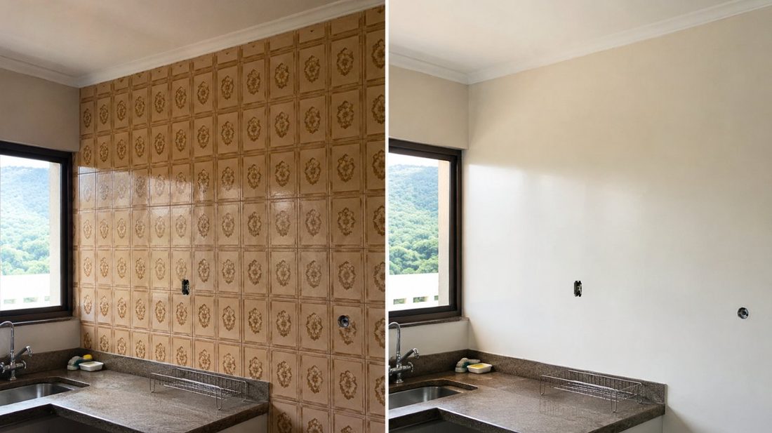 Comparativa antes y después de una cocina con azulejos de los 80 y el mismo frente recubierto con pintura epoxi en tono crema