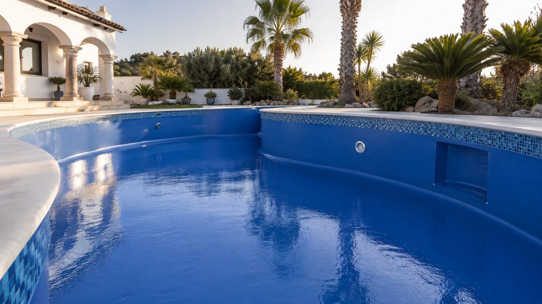 Piscina residencial recién pintada con esmalte epoxi azul mediterráneo en una vivienda unifamiliar de Salou