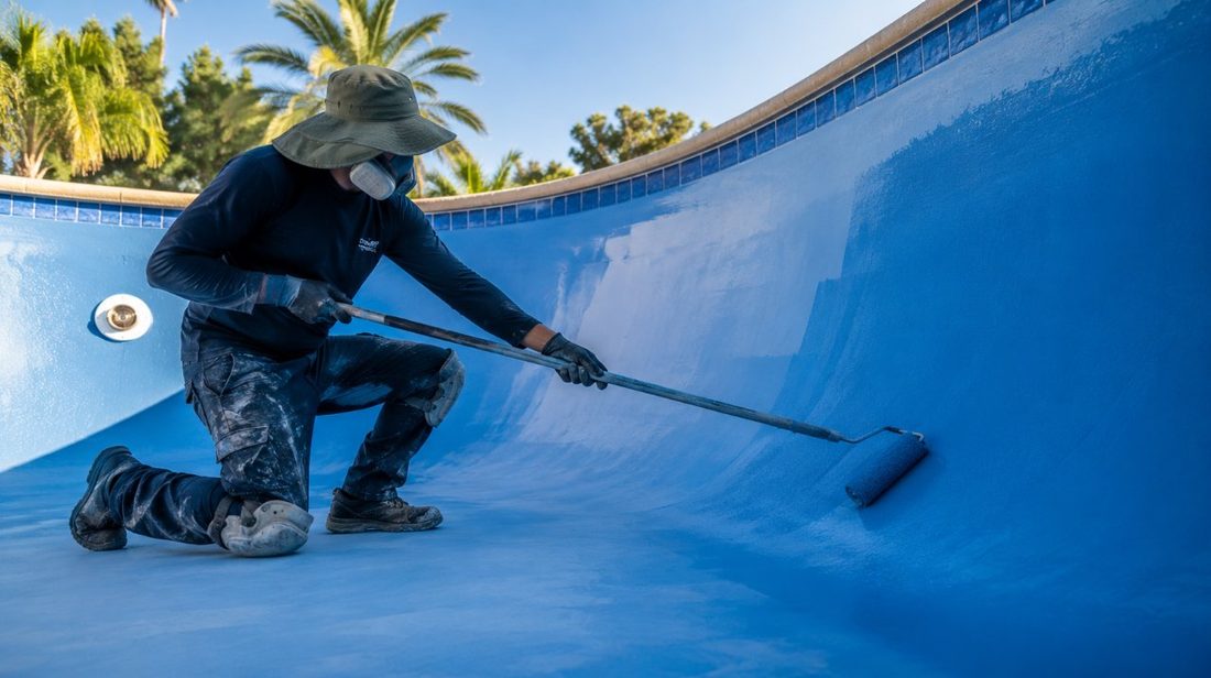 Aplicador profesional de Tarraepoxi pintando el vaso de una piscina con rodillo de mango largo durante la fase de esmalte