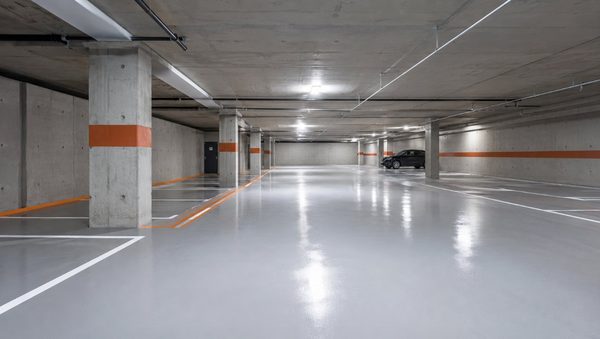 Garaje comunitario con suelo epoxi gris claro y plazas señalizadas